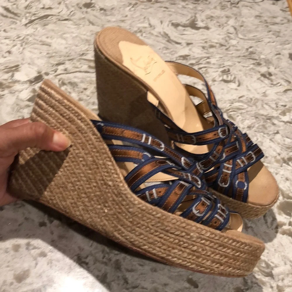 Christian Louboutin Navy and Tan Woven Espadrille Wedge Slides